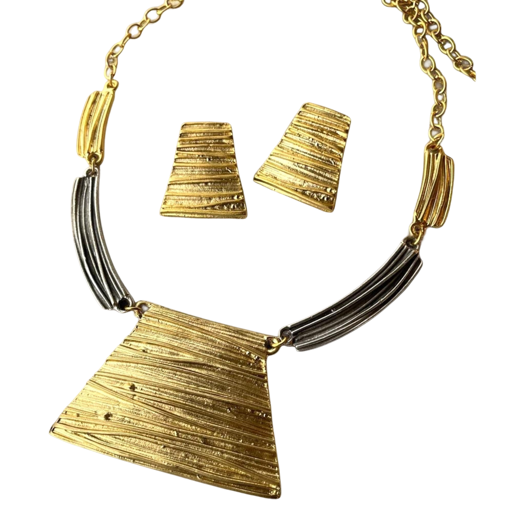 Bold Geometric Bib Necklace Earring Set - Handmade Two-tone Silver Gold Plated Jewelry, Handmade In Turkey - Glam Duchess
