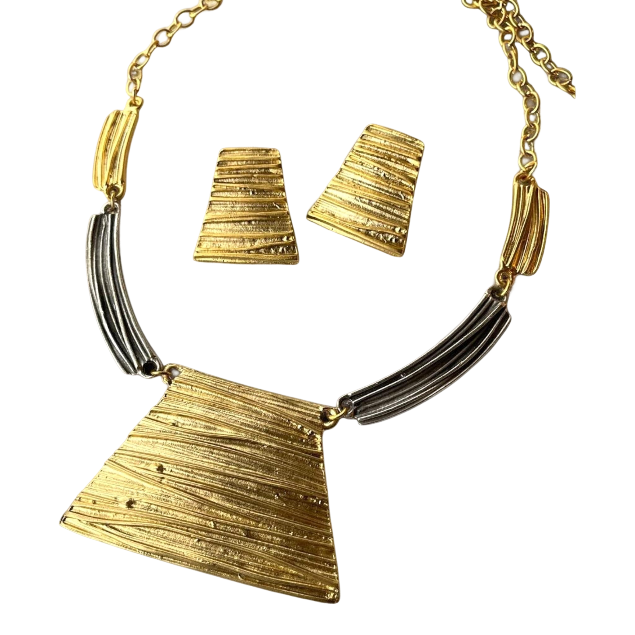 Bold Geometric Bib Necklace Earring Set - Handmade Two-tone Silver Gold Plated Jewelry, Handmade In Turkey - Glam Duchess