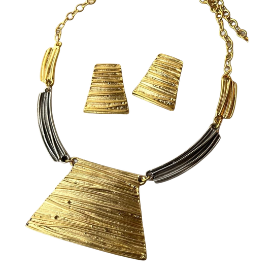 Bold Geometric Bib Necklace Earring Set - Handmade Two-tone Silver Gold Plated Jewelry, Handmade In Turkey - Glam Duchess
