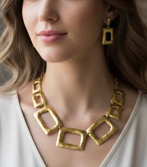 A close-up of a woman's face wearing a gold necklace with square-shaped pendants.