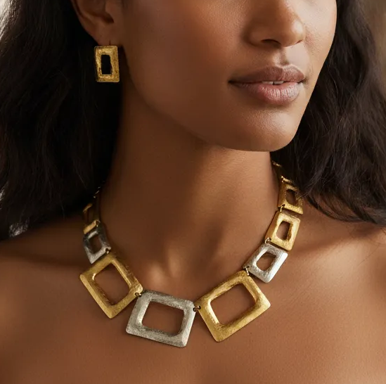 A close-up of a woman's neck and chest area, featuring a gold necklace with square-shaped pendants and a matching earring.
