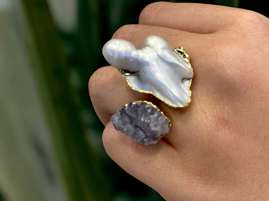 Gold Plated Amethyst Ring – Adjustable Artisan Statement with Baroque Pearl