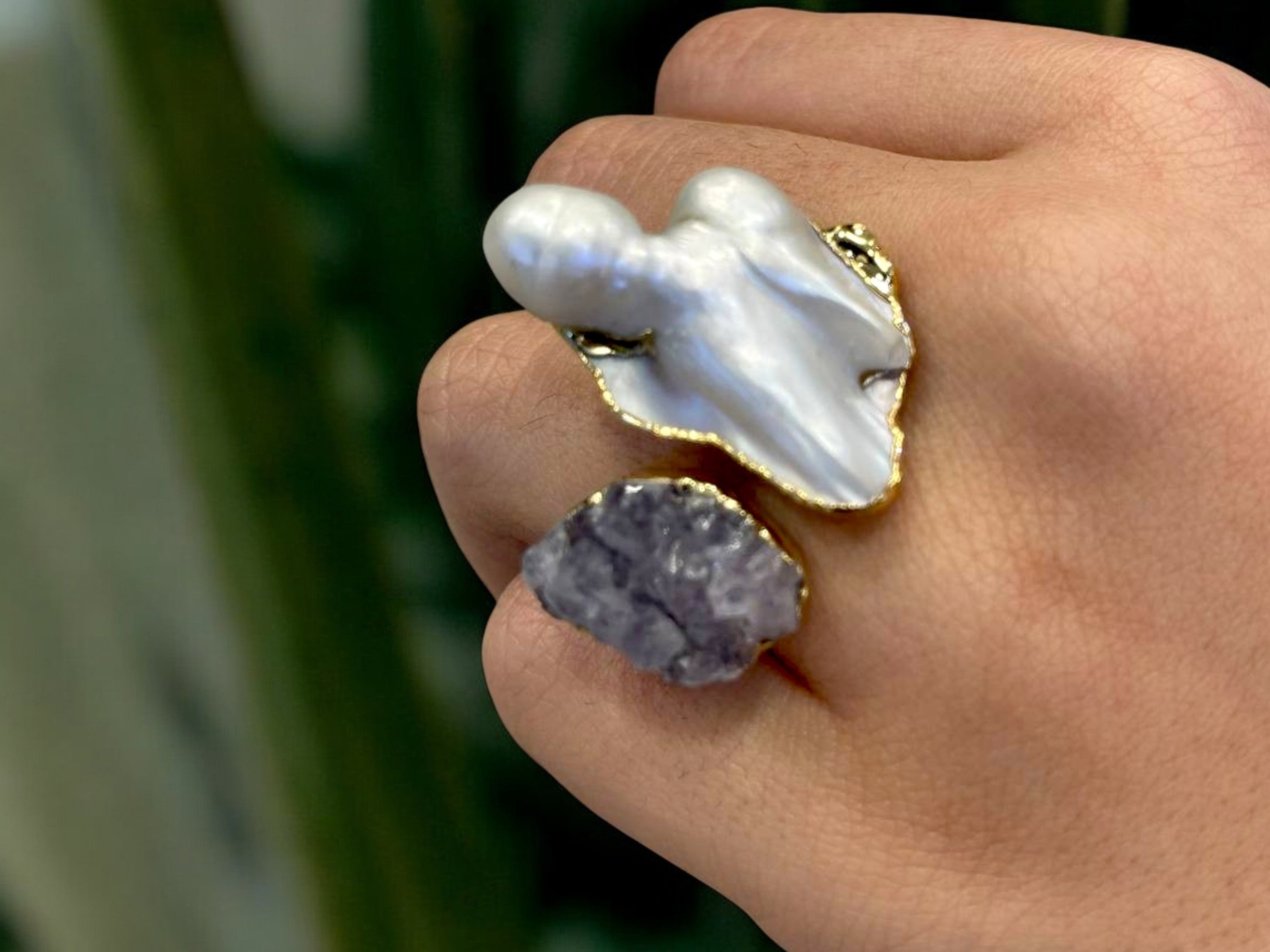 Gold Plated Amethyst Ring – Adjustable Artisan Statement with Baroque Pearl