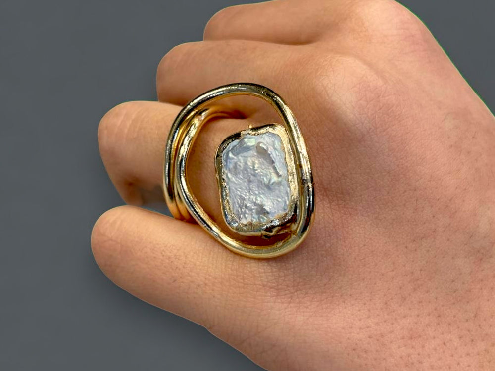 Gold Plated Pearl Ring – Adjustable Baroque Pearl Jewelry With Modern Swirl Design