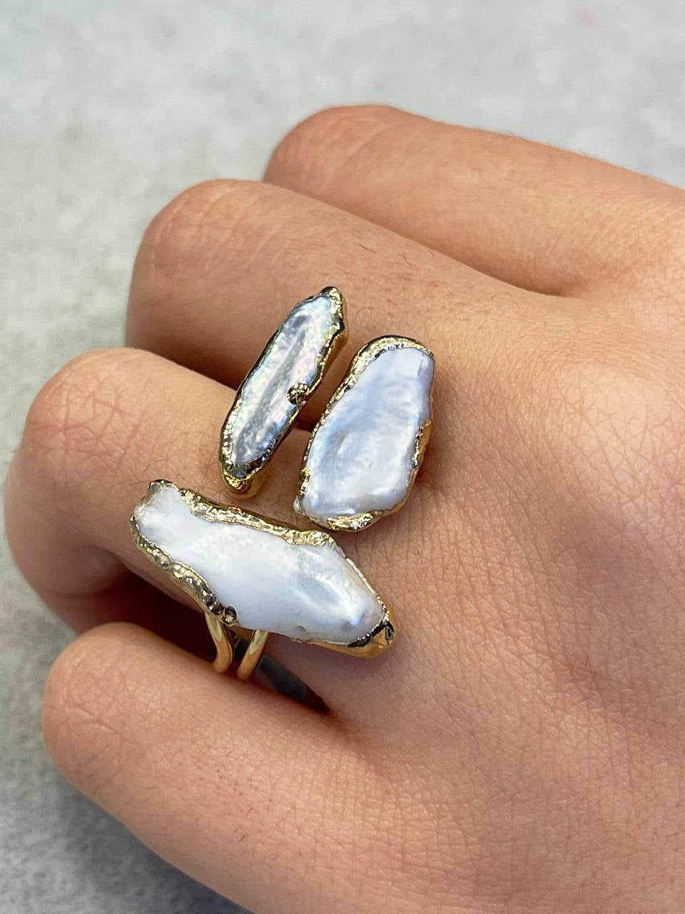 Gold Plated Pearl Ring - Adjustable Multi-Baroque Cascading Luxury Jewelry