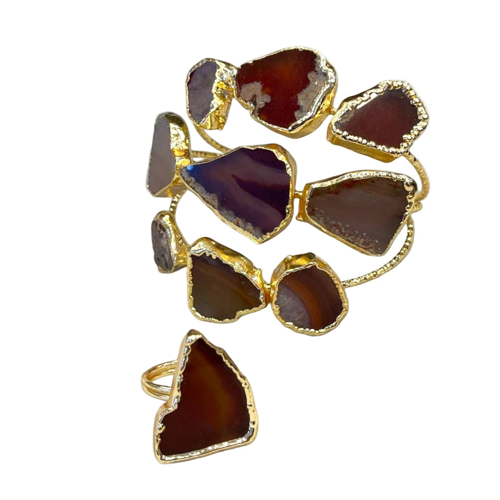 Raw Agate Slice Gold Plated Statement Ring & Cuff Bracelet Set