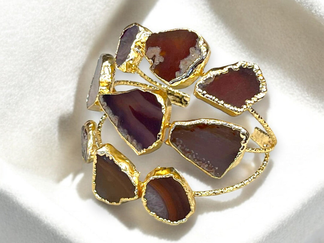 Raw Agate Slice Gold Plated Statement Ring & Cuff Bracelet Set