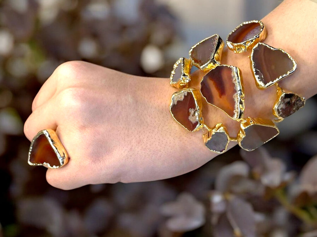 Raw Agate Slice Gold Plated Statement Ring & Cuff Bracelet Set