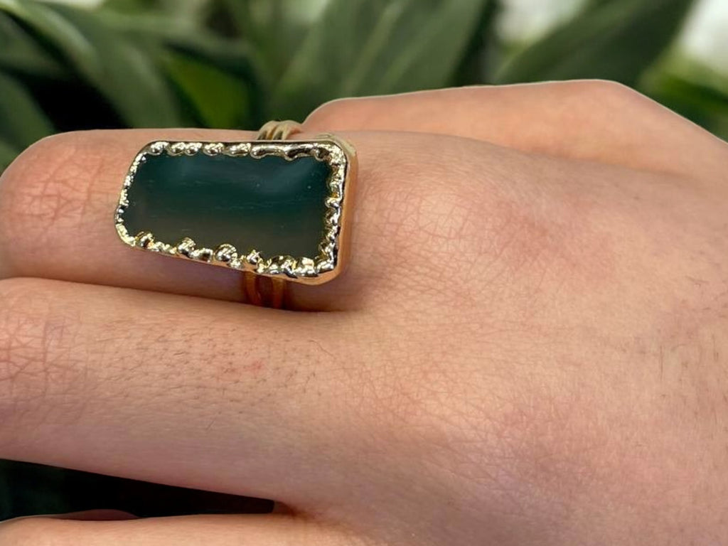 Raw Green Agate Slice Gold Plated Statement Ring & Cuff Bracelet Set