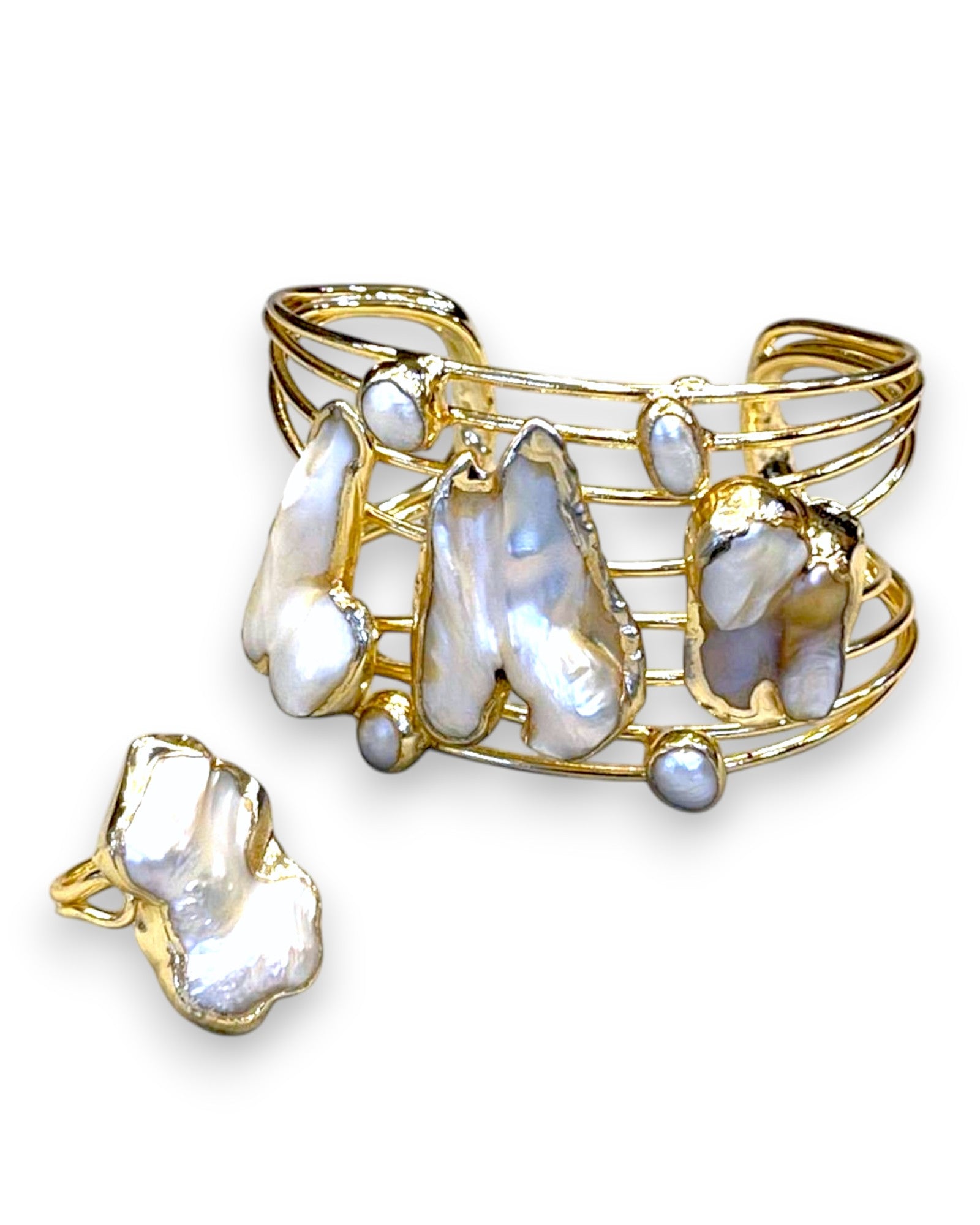 Gold Baroque Pearl Bracelet – Artisan Gold Cuff & Statement Pearl Ring Set