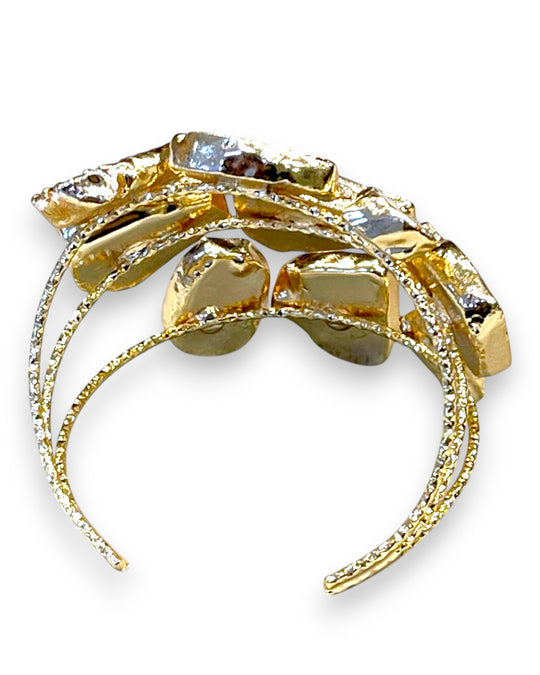 Gold Plated Cuff Bracelet – Adjustable Green Agate Stones, Handmade Statement Ring Set