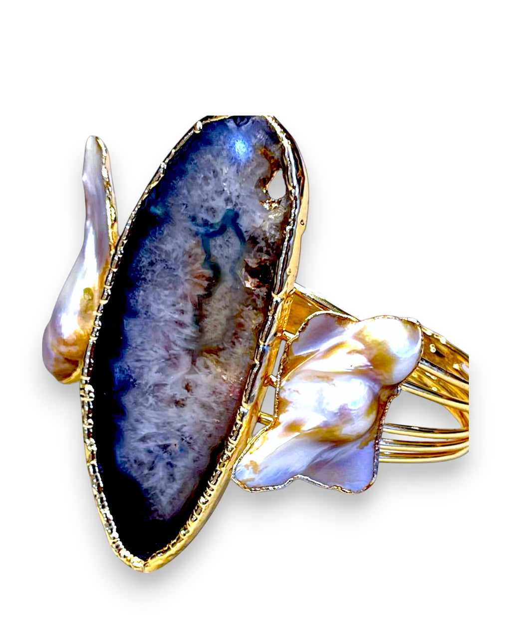 Agate Slice & Baroque Pearl Cuff Bracelet with Matching Ring Set | Statement Jewelry