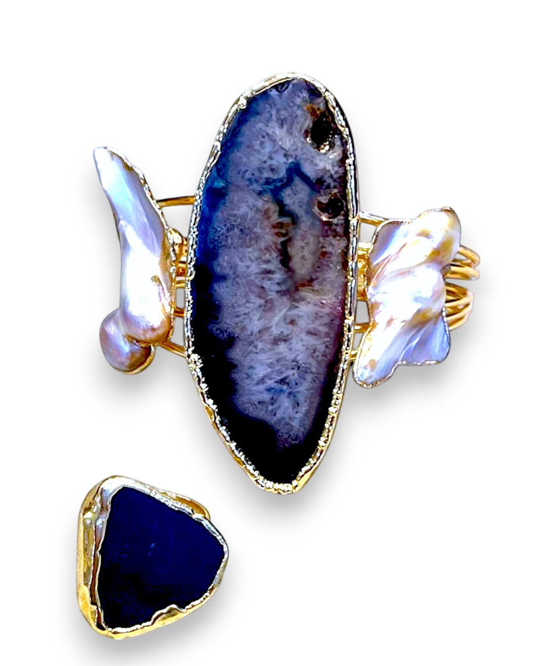 Agate Slice & Baroque Pearl Cuff Bracelet with Matching Ring Set | Statement Jewelry