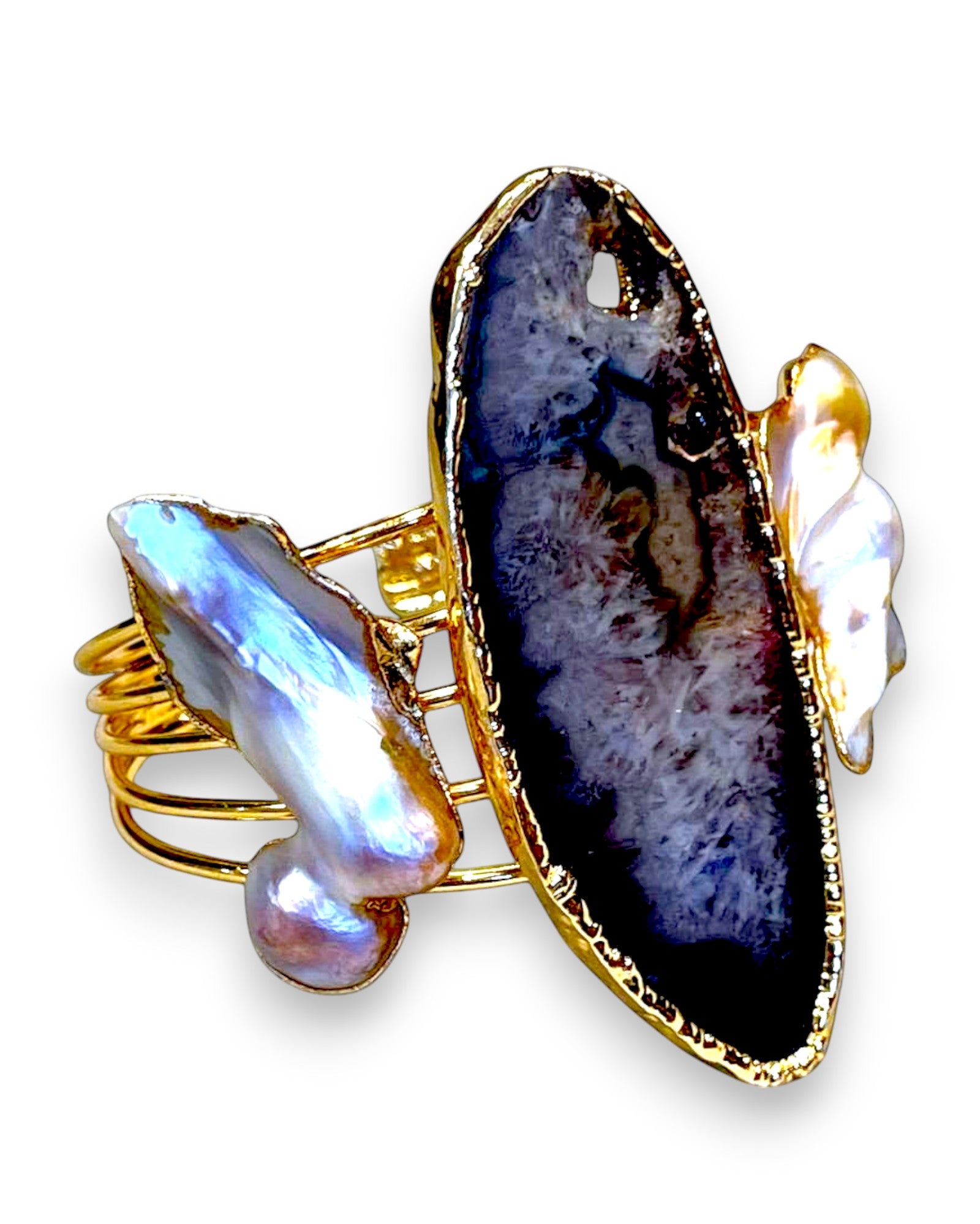 Agate Slice & Baroque Pearl Cuff Bracelet with Matching Ring Set | Statement Jewelry