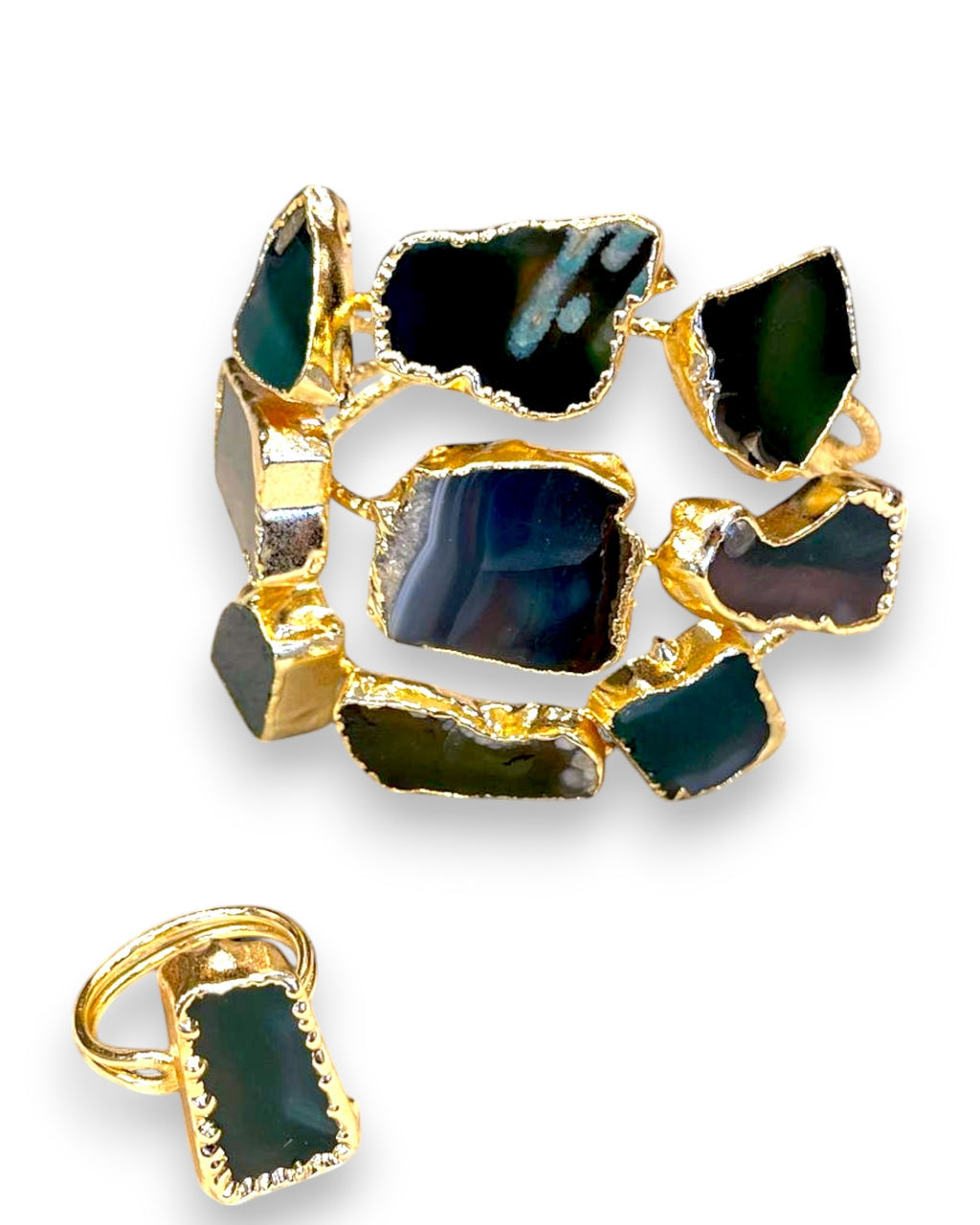 Raw Green Agate Slice Gold Plated Statement Ring & Cuff Bracelet Set