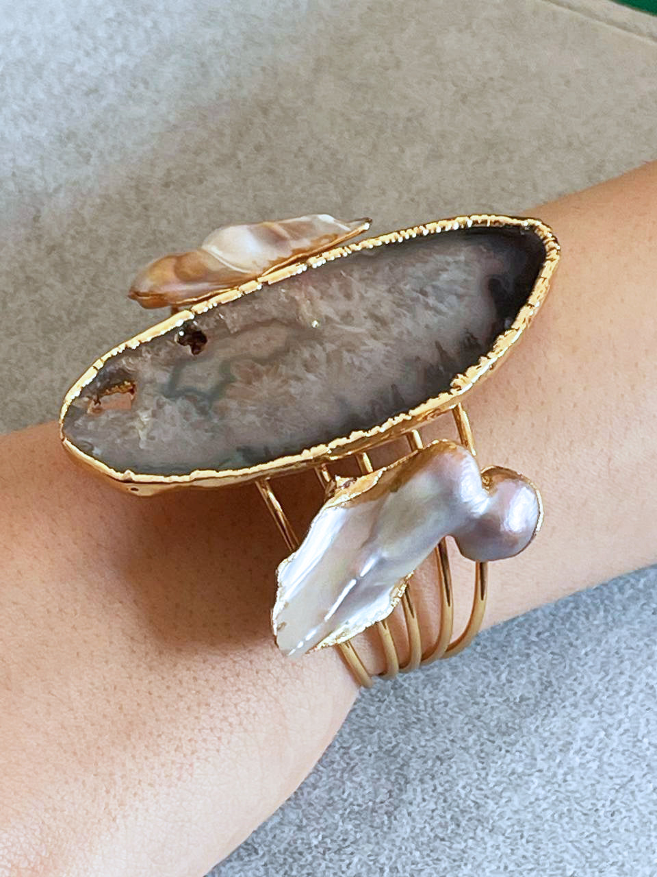 Agate Slice & Baroque Pearl Cuff Bracelet with Matching Ring Set | Statement Jewelry