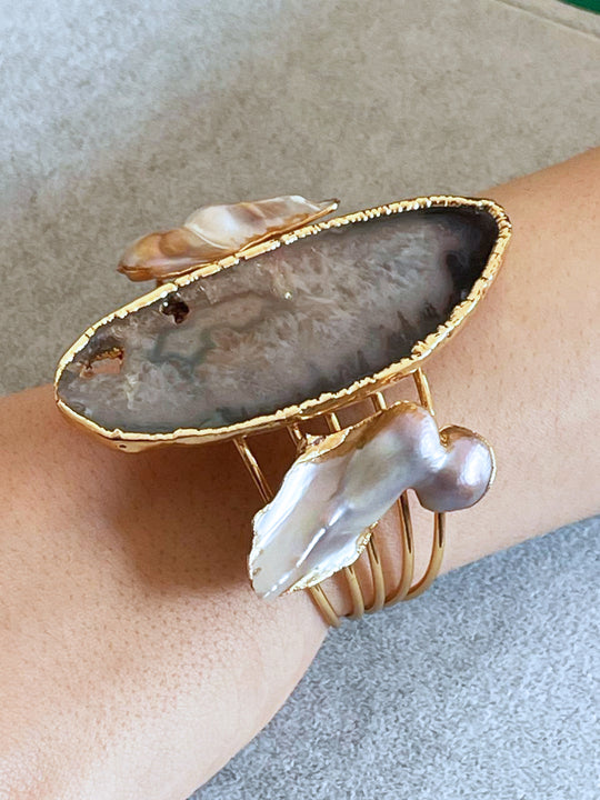 Agate Slice & Baroque Pearl Cuff Bracelet with Matching Ring Set | Statement Jewelry