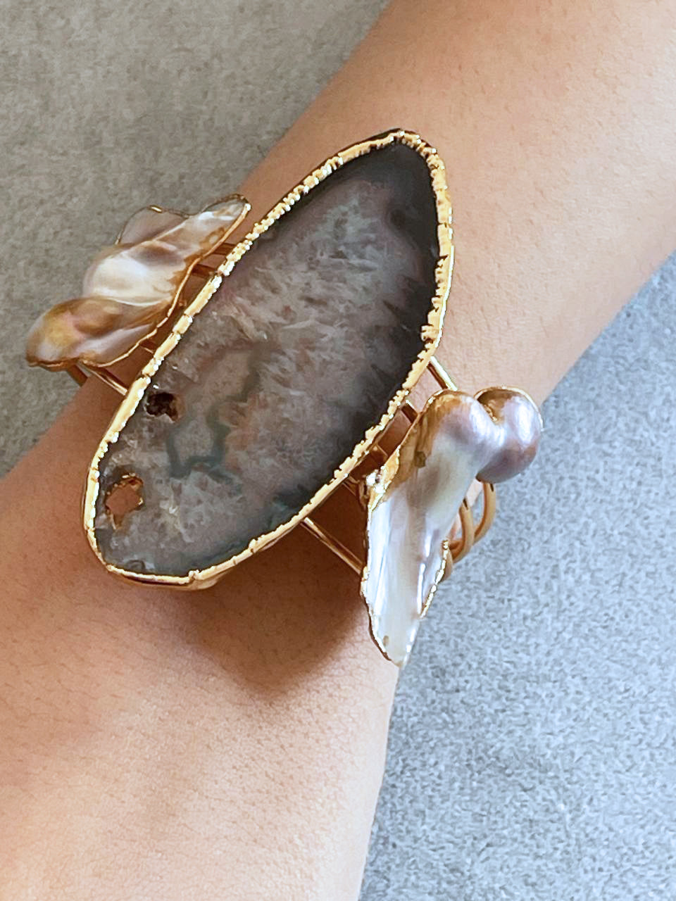 Agate Slice & Baroque Pearl Cuff Bracelet with Matching Ring Set | Statement Jewelry