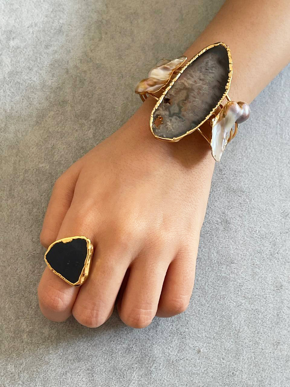 Agate Slice & Baroque Pearl Cuff Bracelet with Matching Ring Set | Statement Jewelry