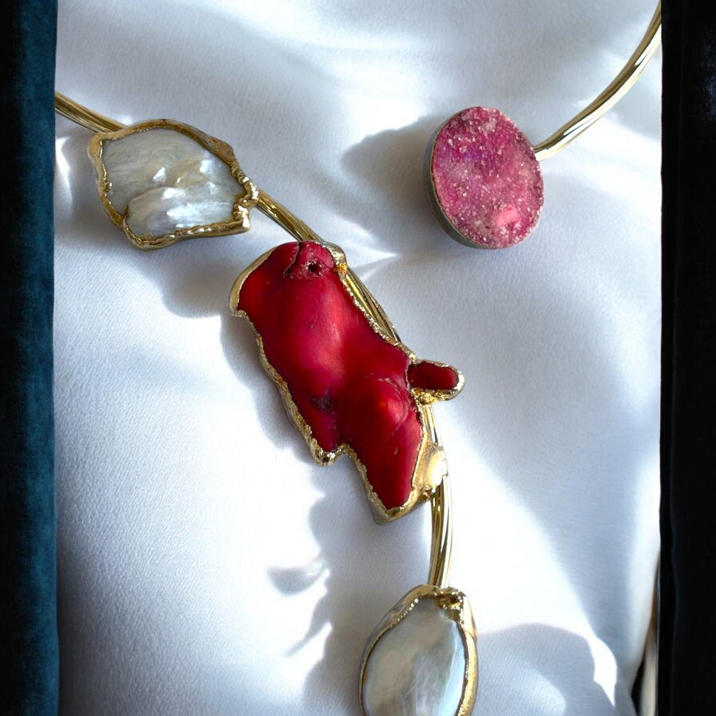Multistone Gold Plated Open Collar Choker - Red Coral, Pearl, Lapis, & Pink Druzy Statement Necklace