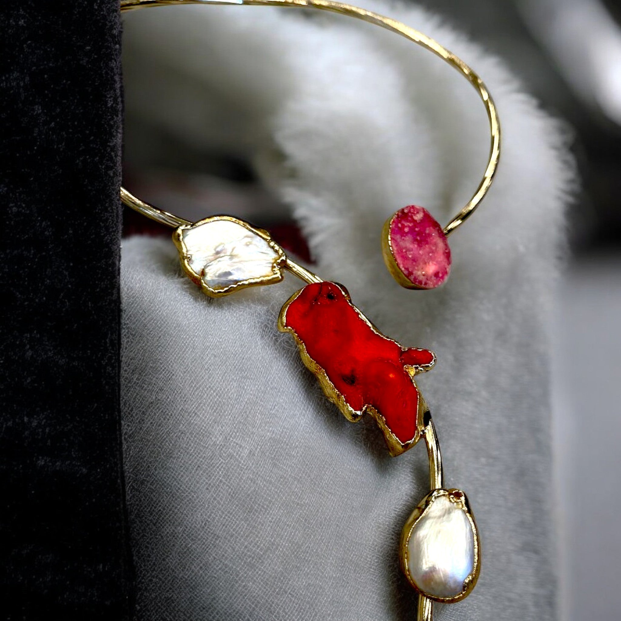 Multistone Gold Plated Open Collar Choker - Red Coral, Pearl, Lapis, & Pink Druzy Statement Necklace