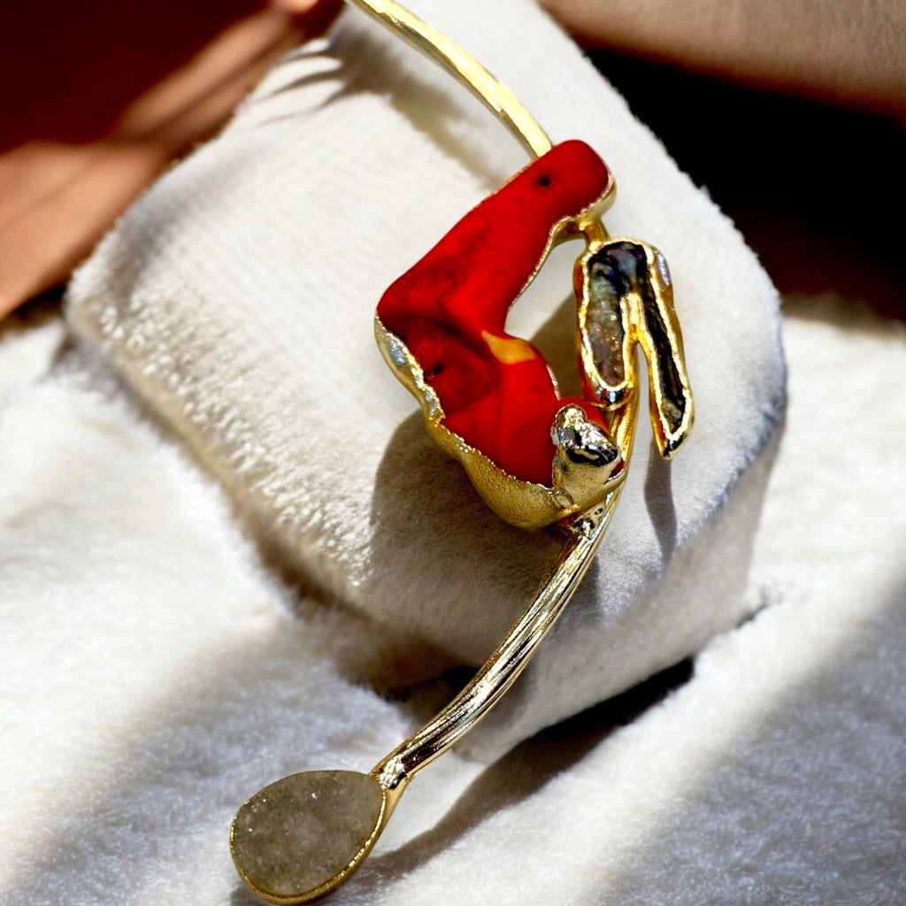 Artisan Gold Plated Red Coral Statement Choker Necklace - Unique Open Collar Design