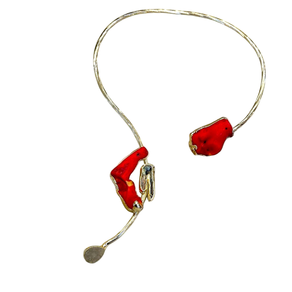Artisan Gold Plated Red Coral Statement Choker Necklace - Unique Open Collar Design