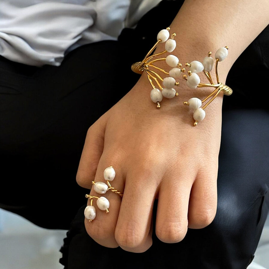 Luxe Gold Plated Natural Pearl Cluster Cuff Bracelet & Adjustable Ring Set