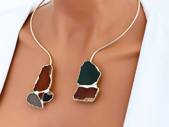 Gold Plated Open CollarChoker Necklace with Natural Agate showcased on a model's neck.