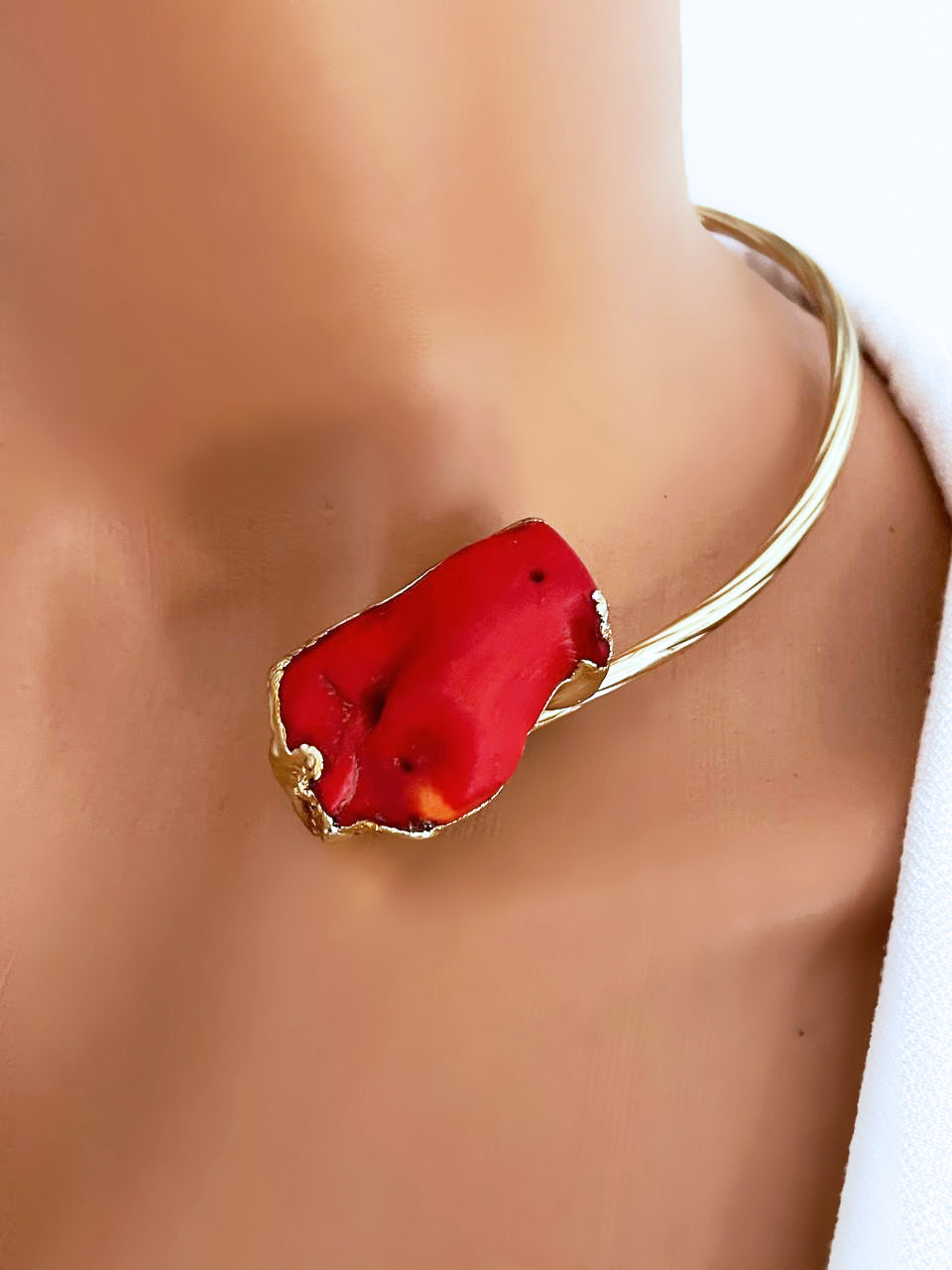 Artisan Gold Plated Red Coral Statement Choker Necklace - Unique Open Collar Design
