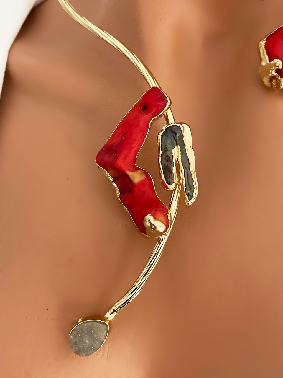 Artisan Gold Plated Red Coral Statement Choker Necklace - Unique Open Collar Design