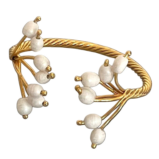 Luxe Gold Plated Natural Pearl Cluster Cuff Bracelet & Adjustable Ring showcasing elegant pearl clusters on a twisted gold band.
