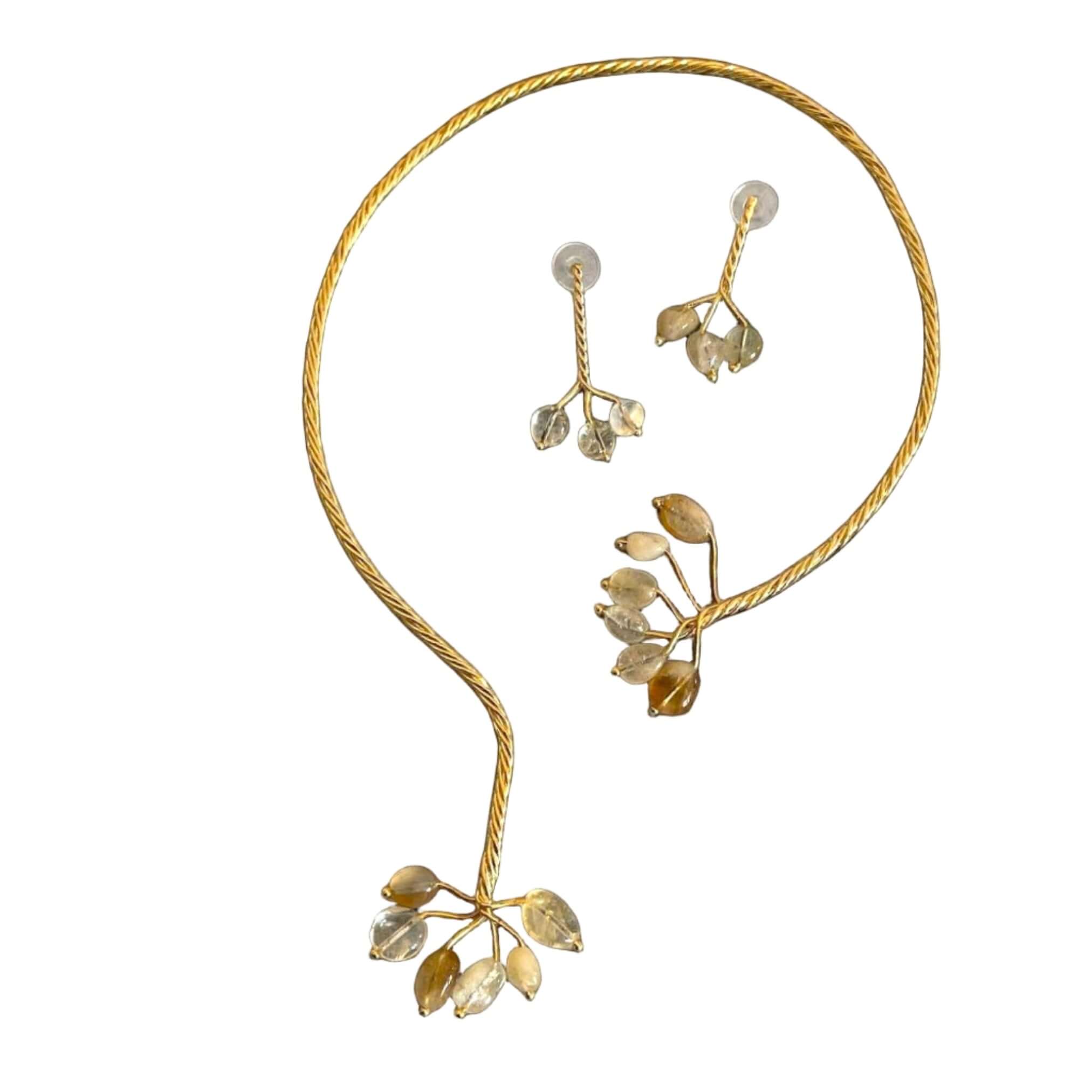 Open Collar Necklace Set – Gold Twist Botanical Jewelry with Gemstone Branch Earrings