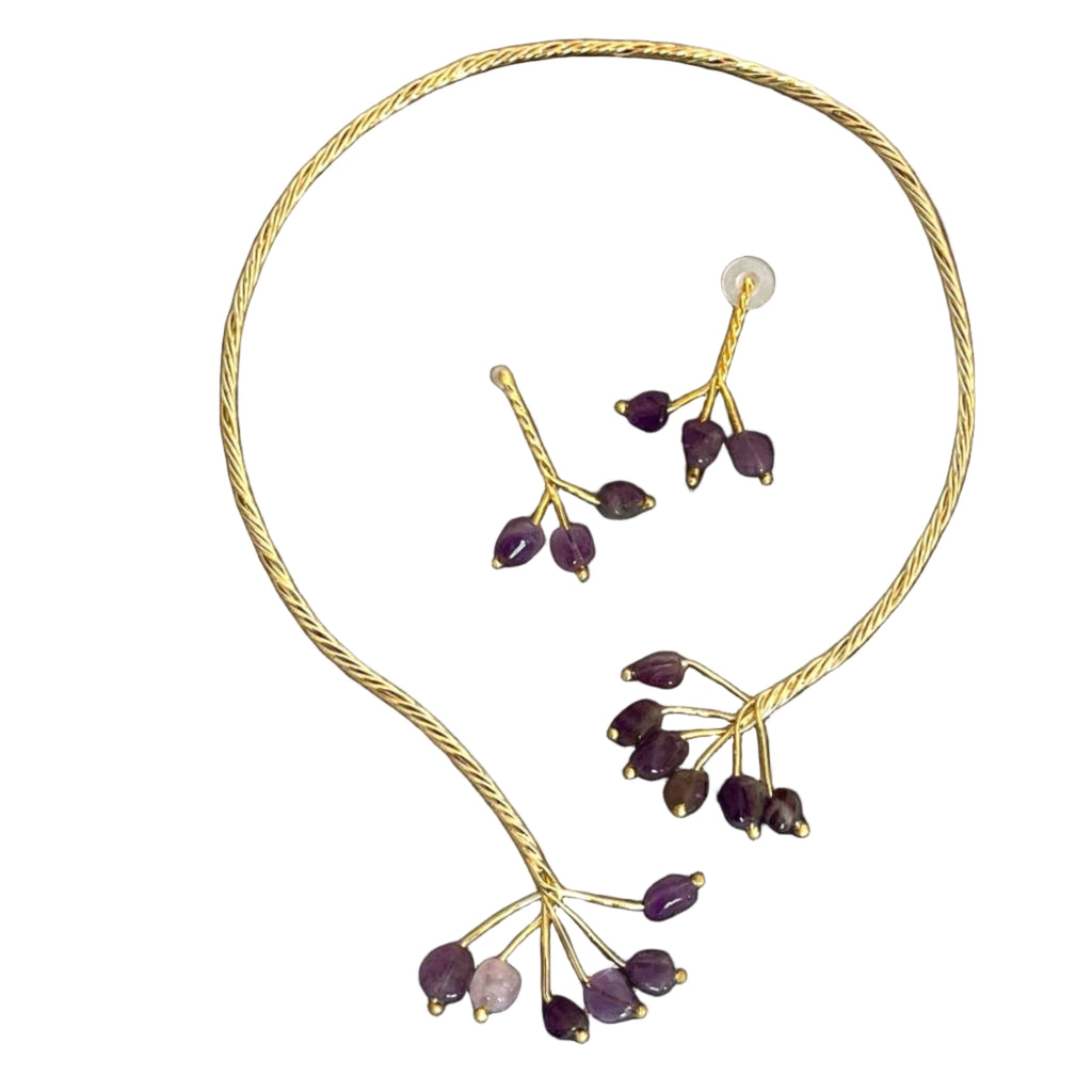 Gold Twist with Gemstone Branches Open Collar Necklace Earrings Set, Handmade In Turkey - Glam Duchess