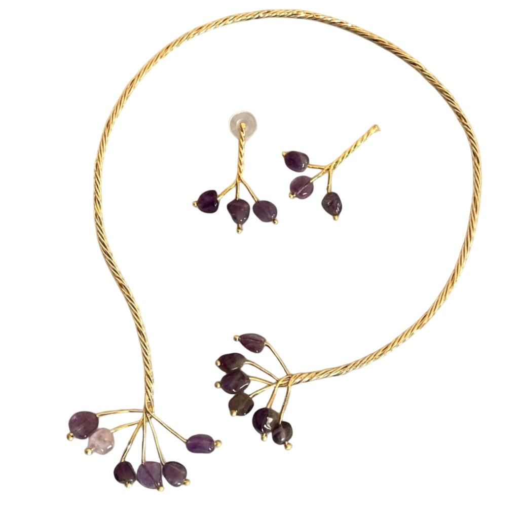 Gold Twist with Gemstone Branches Open Collar Necklace Earrings Set, Handmade In Turkey - Glam Duchess
