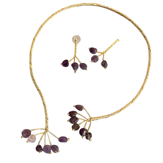 Gold Twist with Gemstone Branches Open Collar Necklace Earrings Set, Handmade In Turkey - Glam Duchess