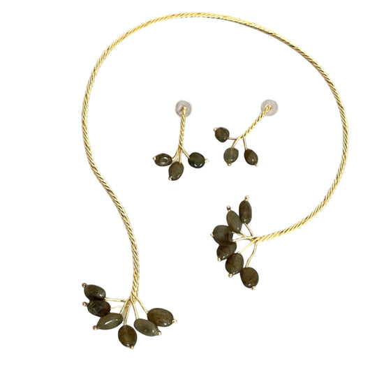 Gold Twist with Gemstone Branches Open Collar Necklace Earrings Set, Handmade In Turkey - Glam Duchess