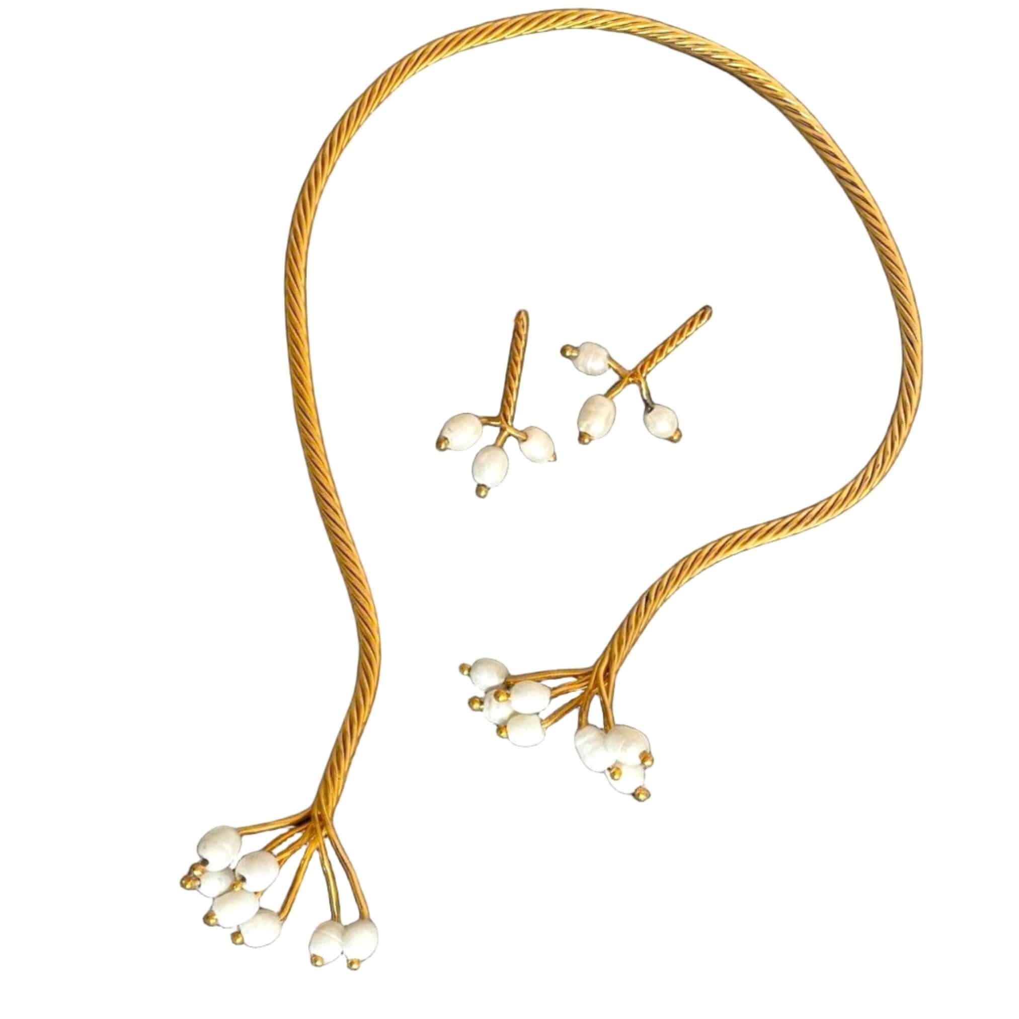 Open Collar Necklace Set – Gold Twist Botanical Jewelry with Gemstone Branch Earrings