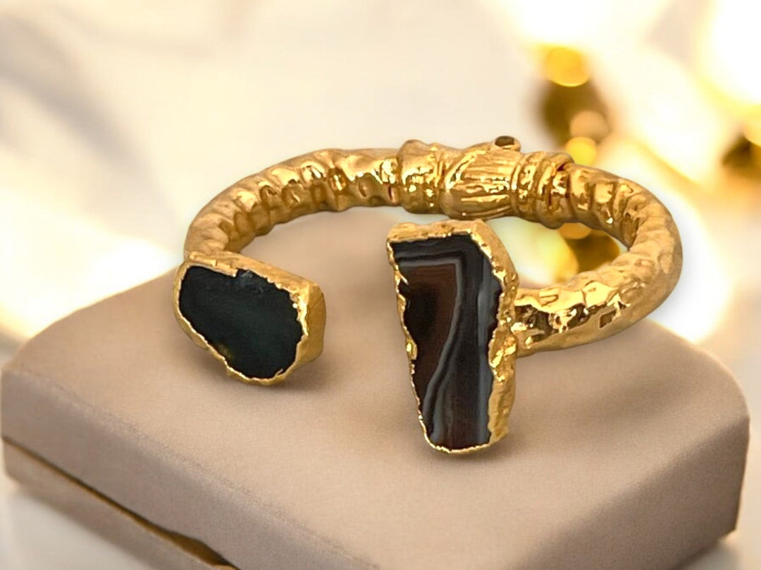 Agate Cuff Bracelet – Gold Plated Open Cuff With Unique Natural Stones