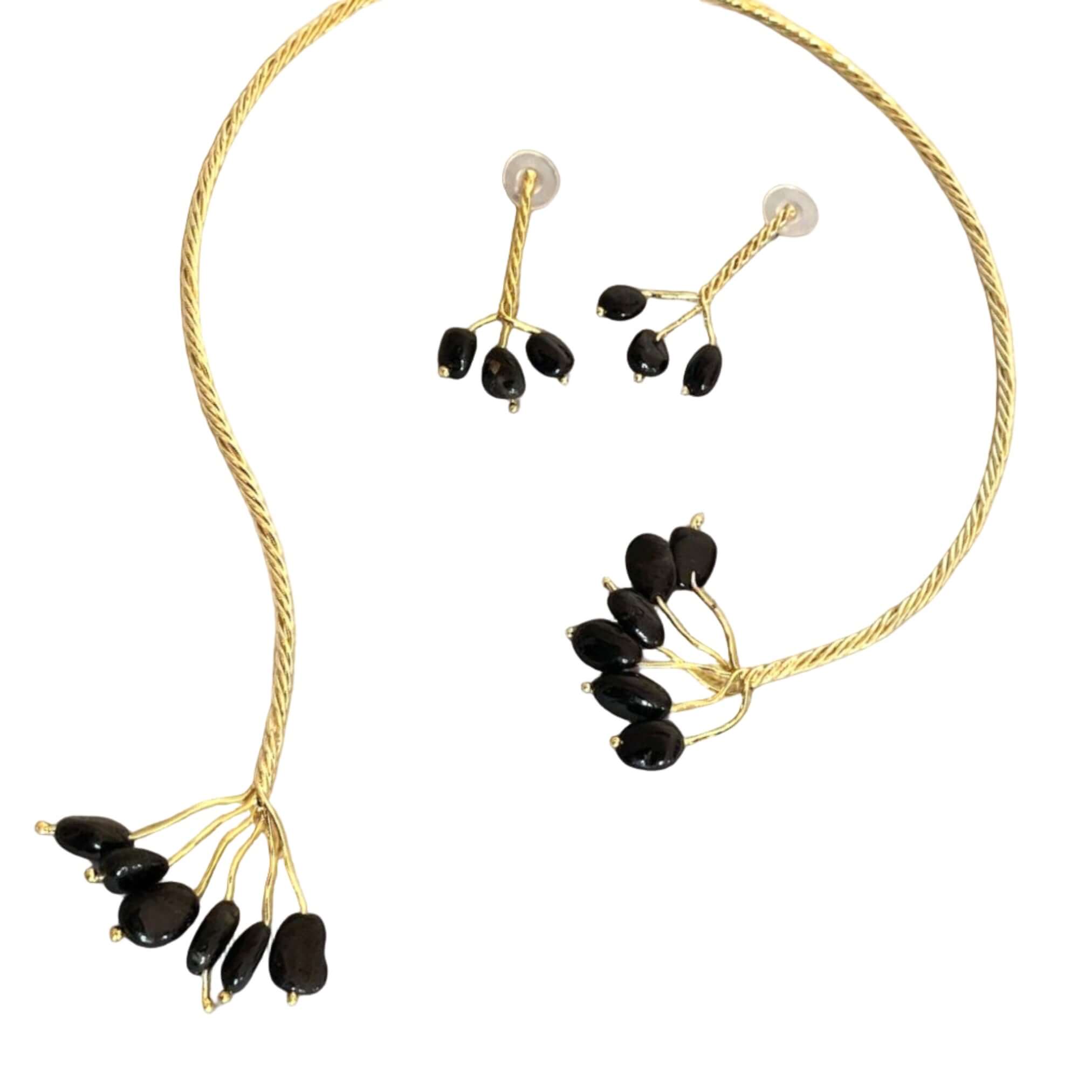 Gold Twist with Gemstone Branches Open Collar Necklace Earrings Set, Handmade In Turkey - Glam Duchess