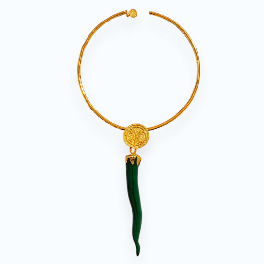 24K Gold Plated Open Choker Necklace with Green Italian Horn Pendant , Good Luck Cornicello Jewelry