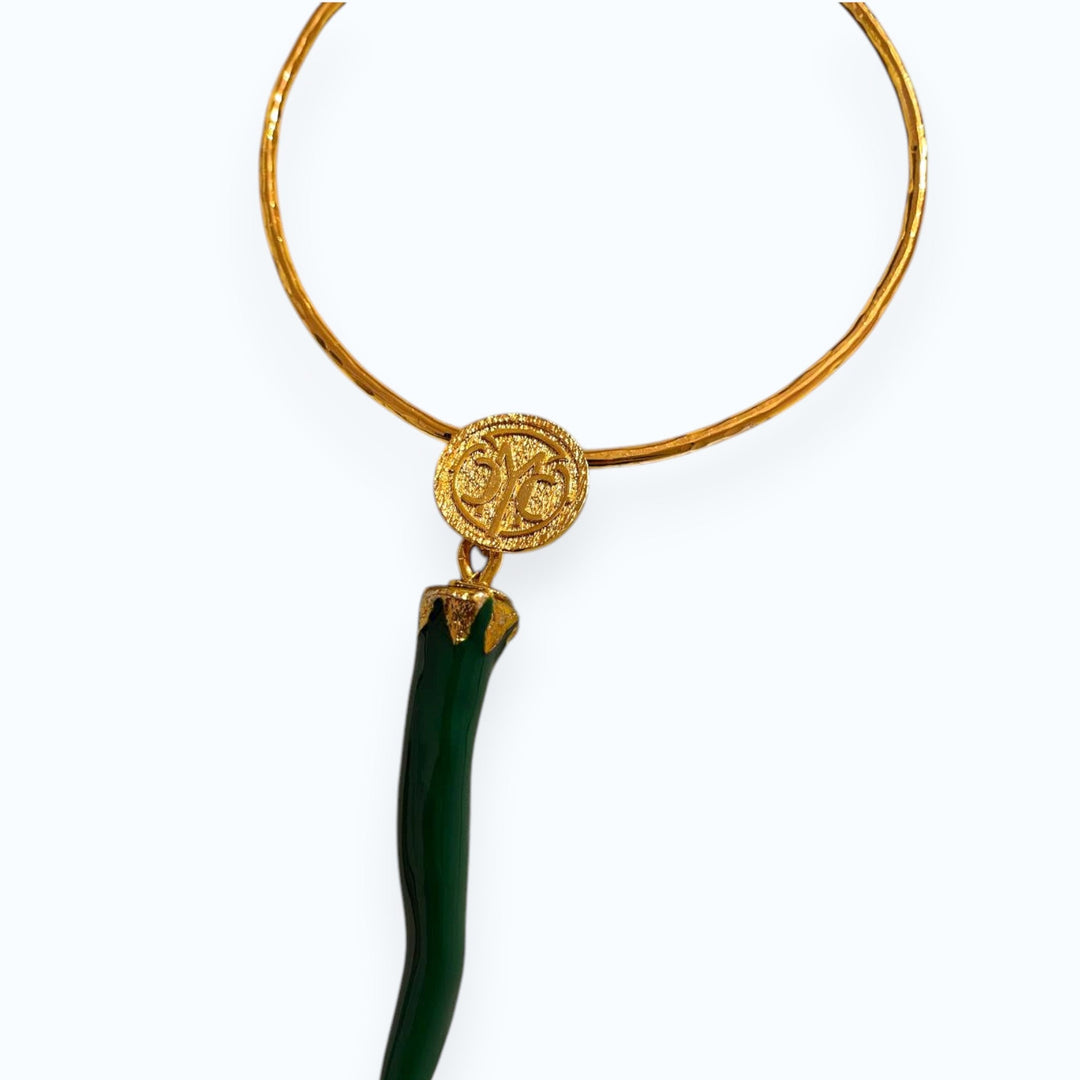 24K Gold Plated Open Choker Necklace with Green Italian Horn Pendant , Good Luck Cornicello Jewelry