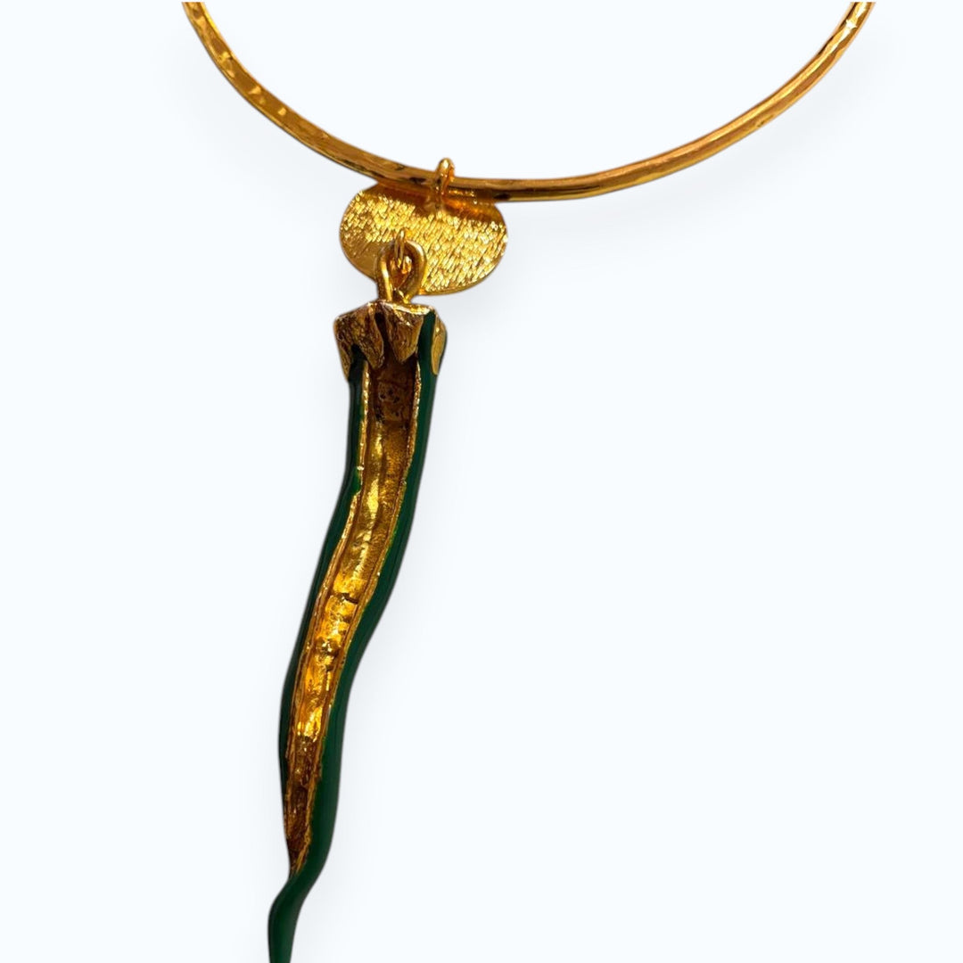 24K Gold Plated Open Choker Necklace with Green Italian Horn Pendant , Good Luck Cornicello Jewelry