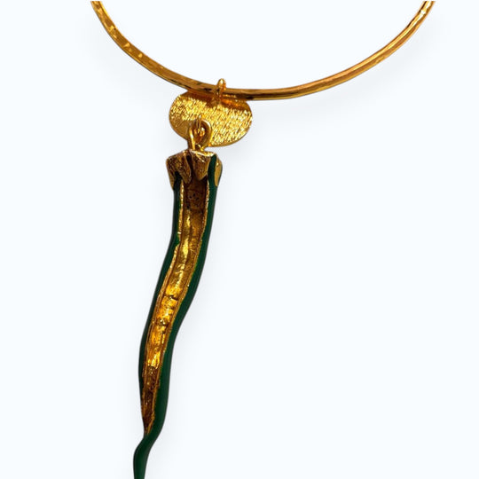 24K Gold Plated Open Choker Necklace with Green Italian Horn Pendant , Good Luck Cornicello Jewelry