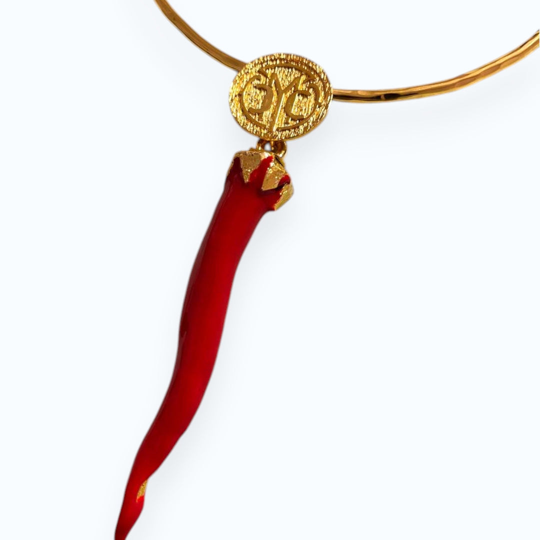 24K Gold Plated Open Choker Necklace with Red Italian Horn Pendant, Good Luck Cornicello