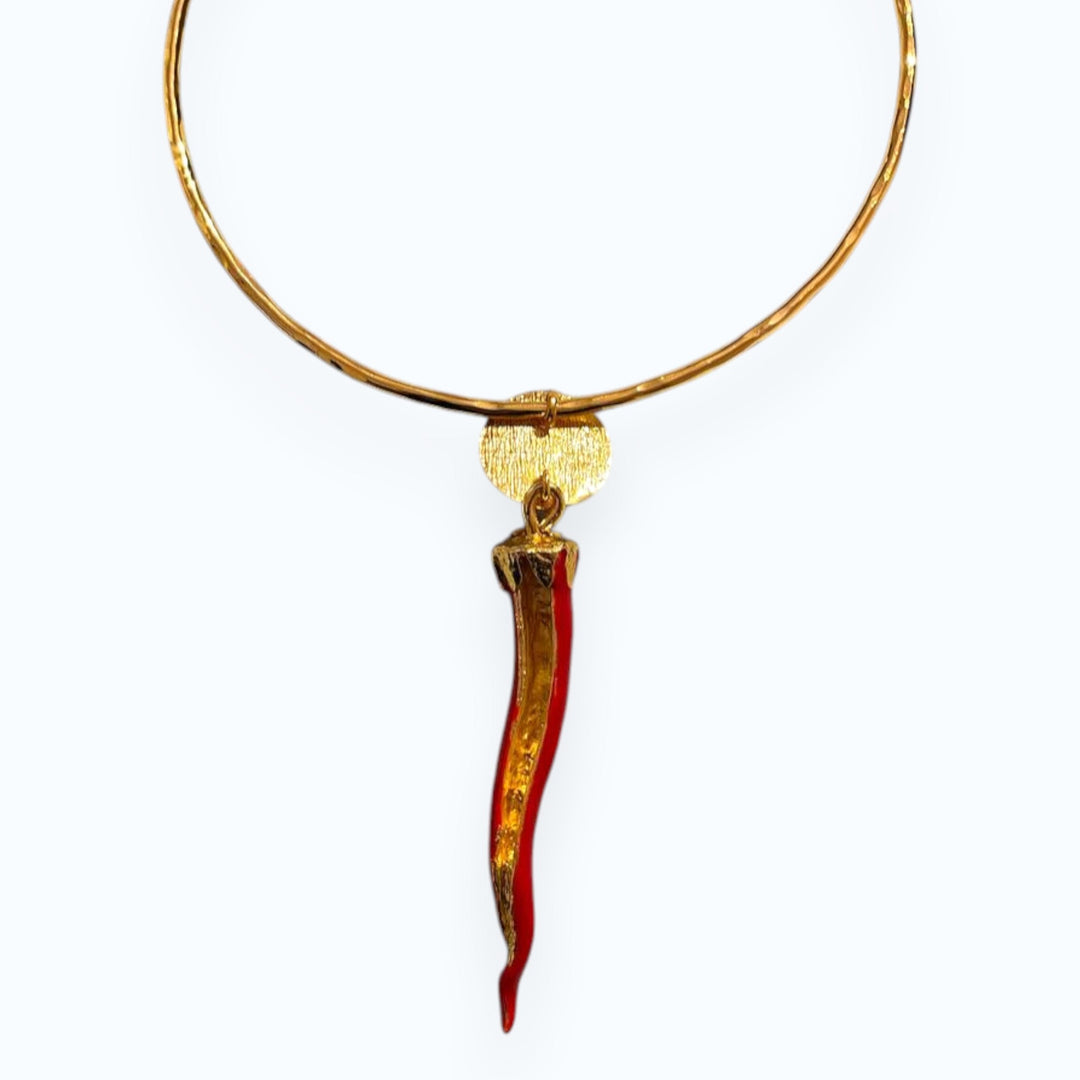 24K Gold Plated Open Choker Necklace with Red Italian Horn Pendant, Good Luck Cornicello