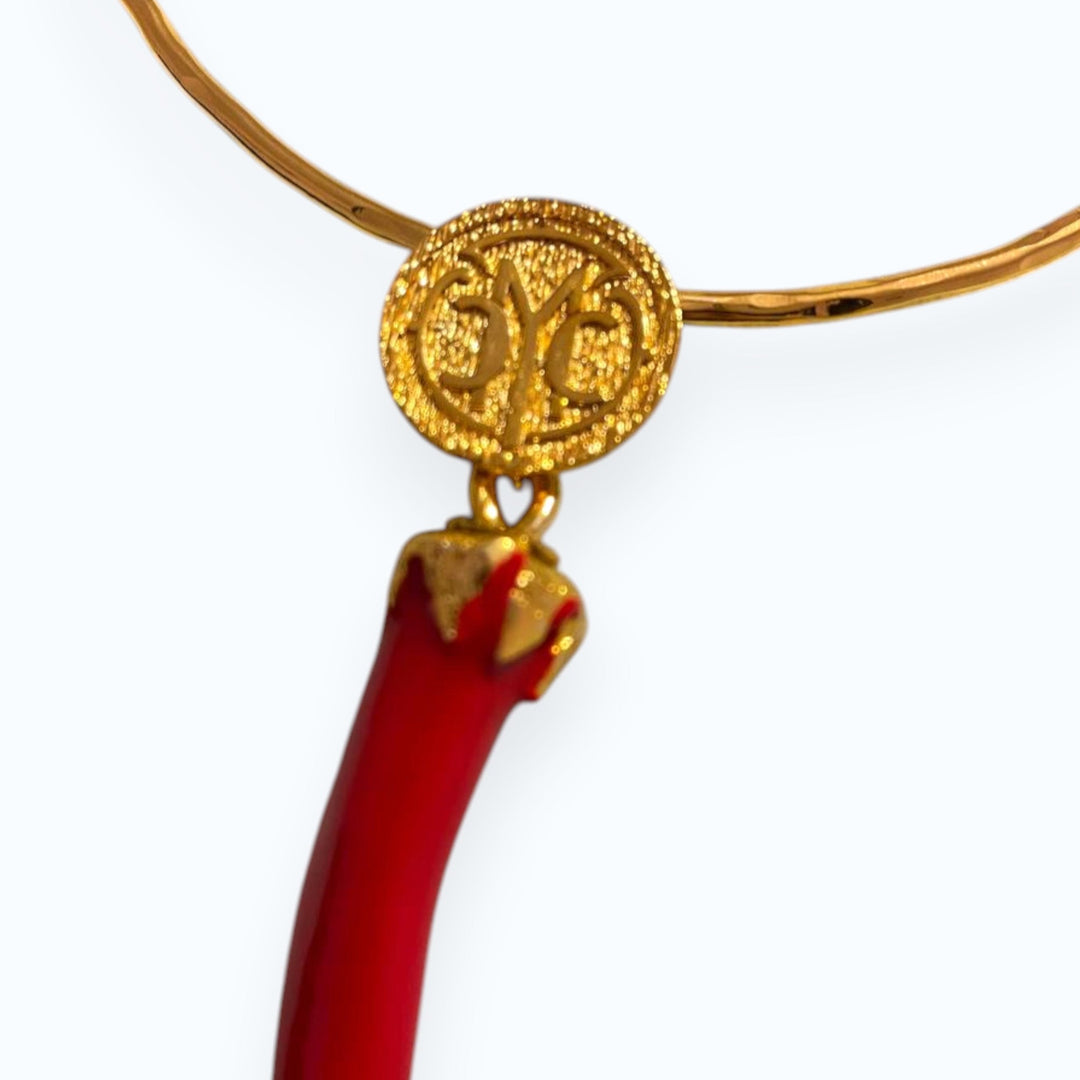 24K Gold Plated Open Choker Necklace with Red Italian Horn Pendant, Good Luck Cornicello