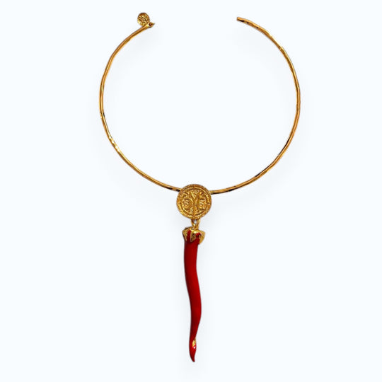 24K Gold Plated Open Choker Necklace with Red Italian Horn Pendant, Good Luck Cornicello
