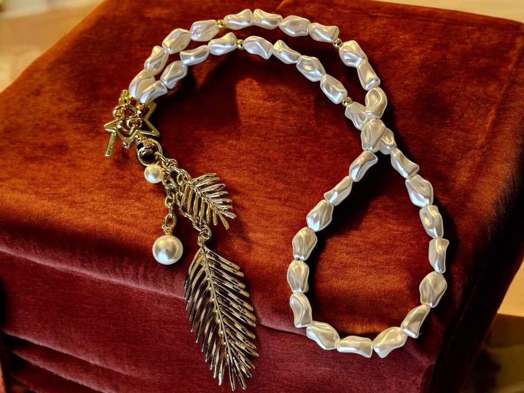 Handmade Gold Plated Leaf Feather Long Pearl Necklace, Baroque Pearl Pendant Necklace with Star and Leaf Charms, Handmade In Turkey - Glam Duchess