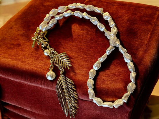 Handmade Gold Plated Leaf Feather Long Pearl Necklace, Baroque Pearl Pendant Necklace with Star and Leaf Charms, Handmade In Turkey - Glam Duchess